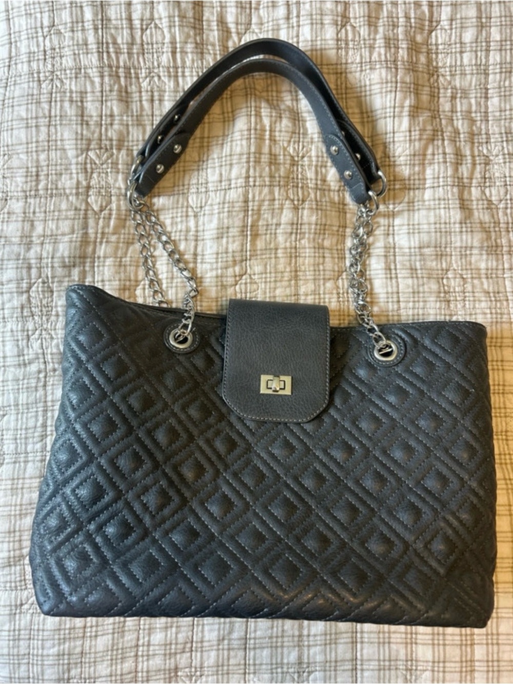 Charming Charlie Quilted Black Shoulder Tote with Chain Handles